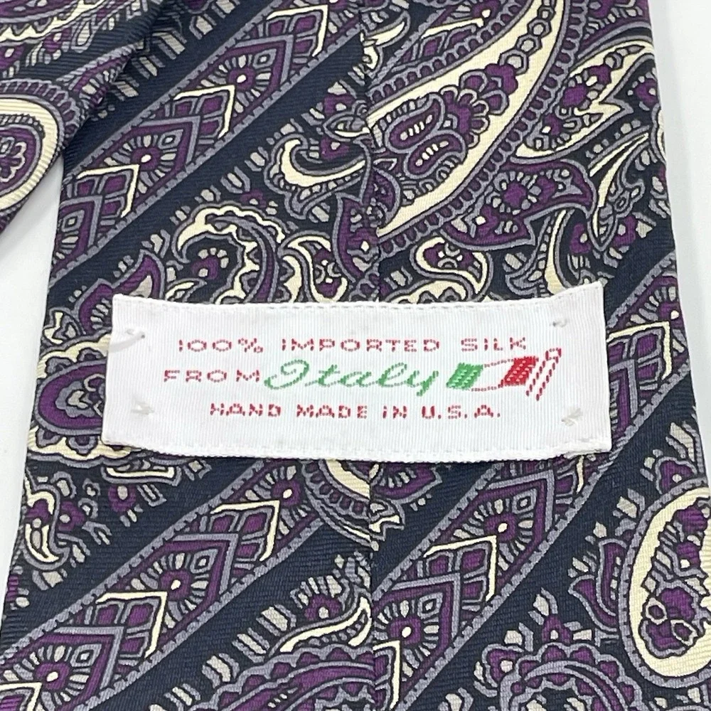 Mens Tie Handmade USA Italy Silk Purple Black Cream Gray 3.5x58